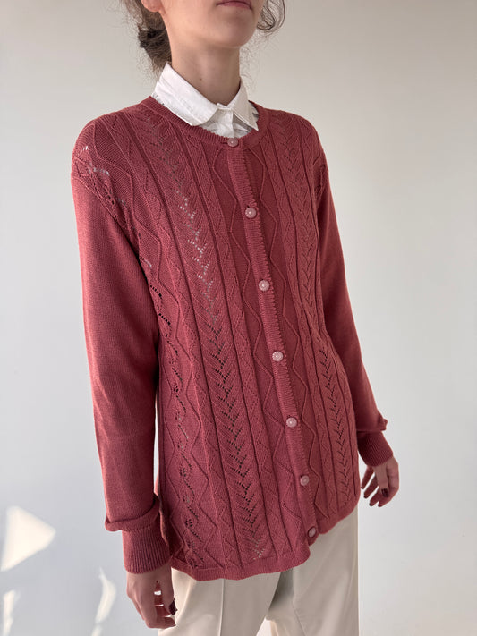 Cardigan vintage dantelat Old rose pink din jerse foarte ușor satinat