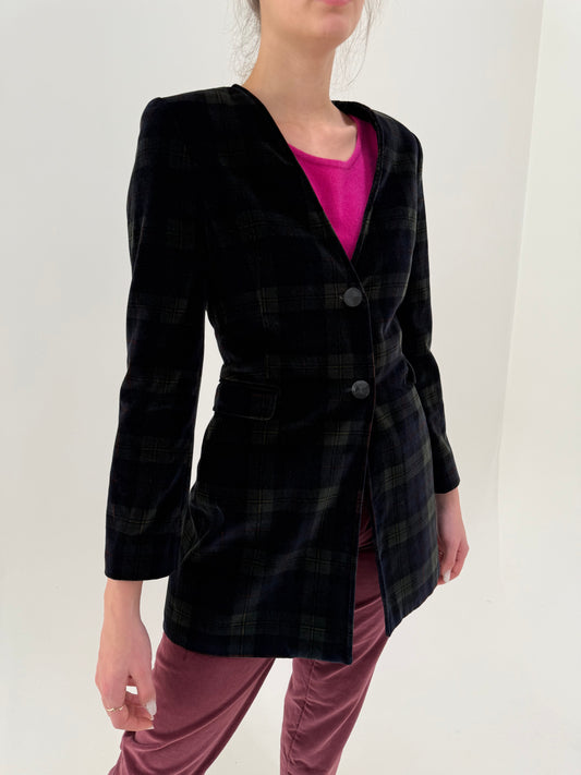 Sacou vintage cambrat din catifea excepțională în carouri și croi lung