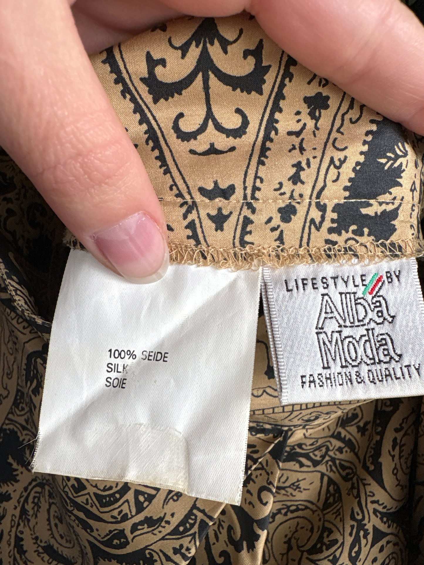 Fustă maxi petrecută din mătase naturală cu print paisley camel