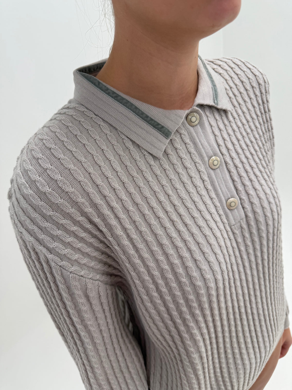 Pulover vintage italian polo warm gray cu torsade din lana extrafina pura