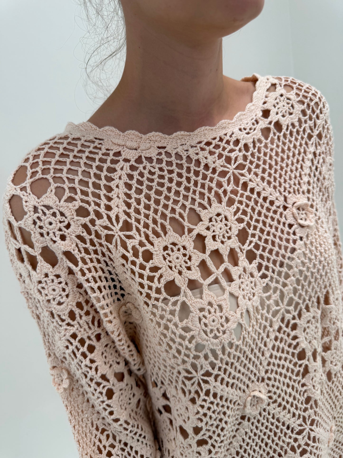 Soft knit de vară din macrame lucrat manual powder Pink de in și bumbac