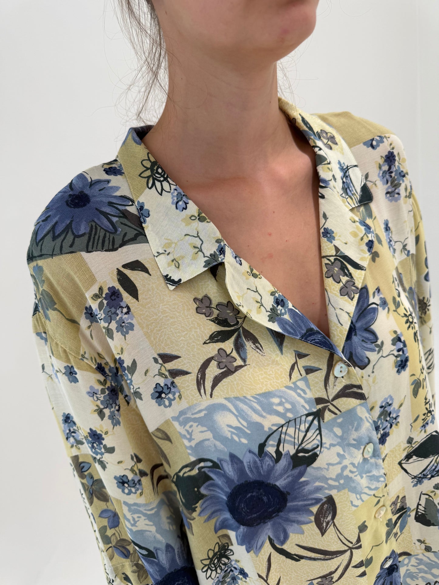 Set vintage super vaporos cu print floral în nuanțe de albastru