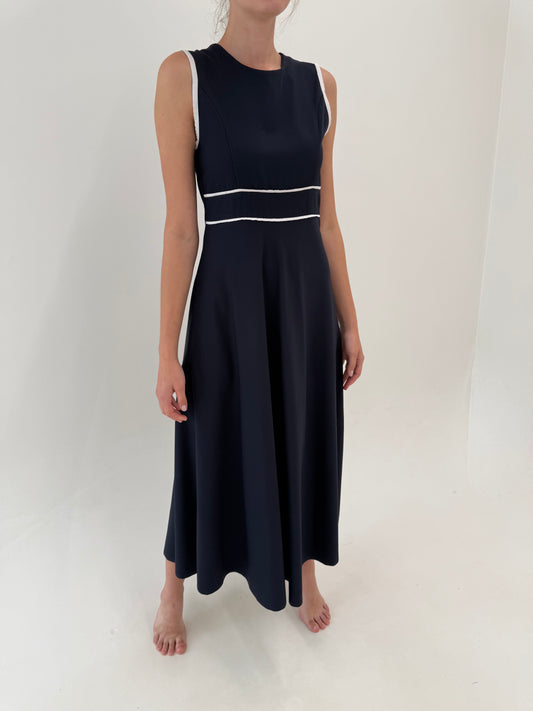 Rochie maxi Navy blue cu talie ultra înaltă marcată și influențe nautice delicate
