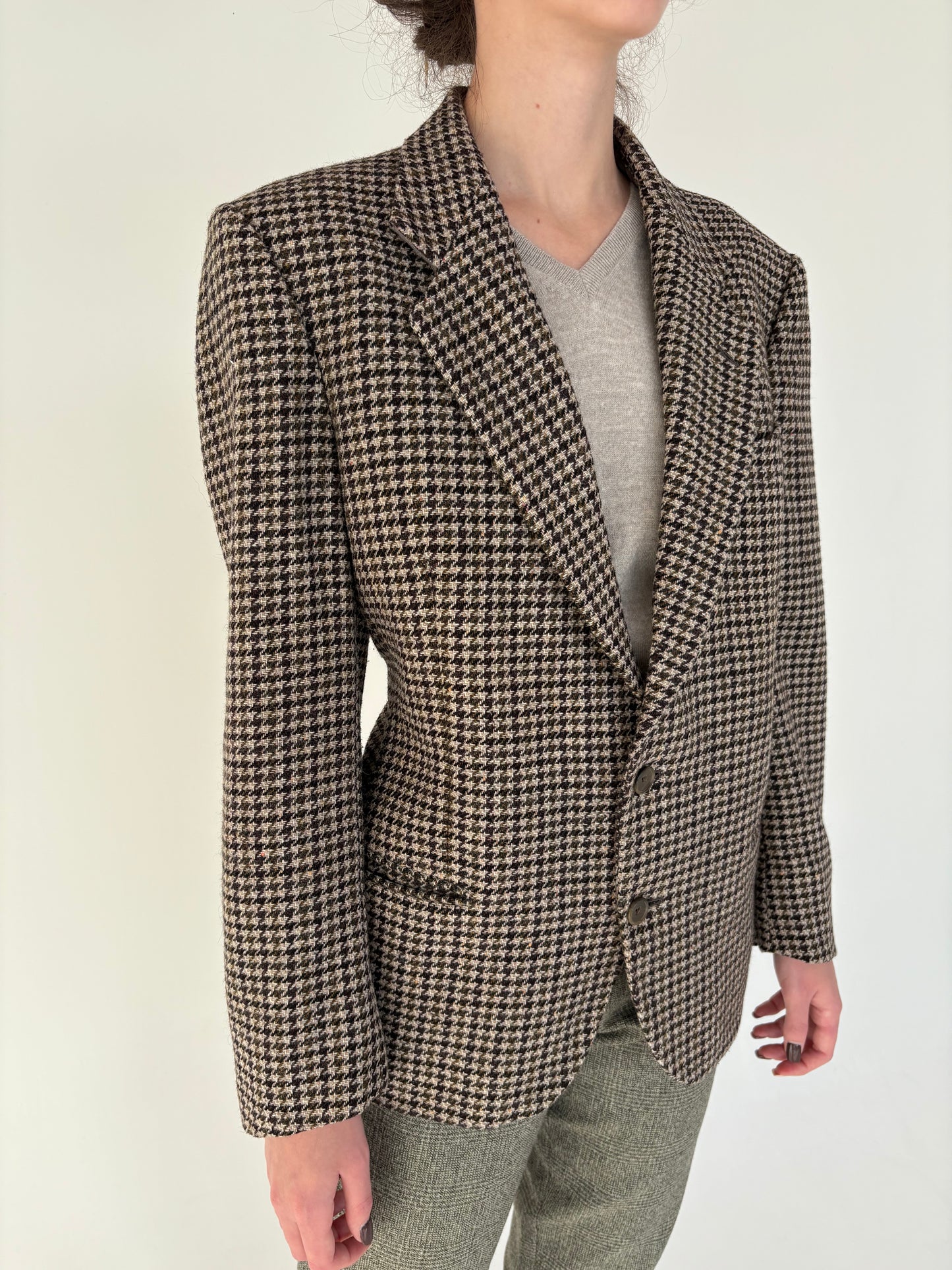 Sacou pied de coq din tweed de lana plină în culori neutre