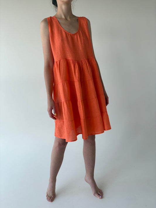 Rochie coral orange italiană din in cu spate decupat reglabil