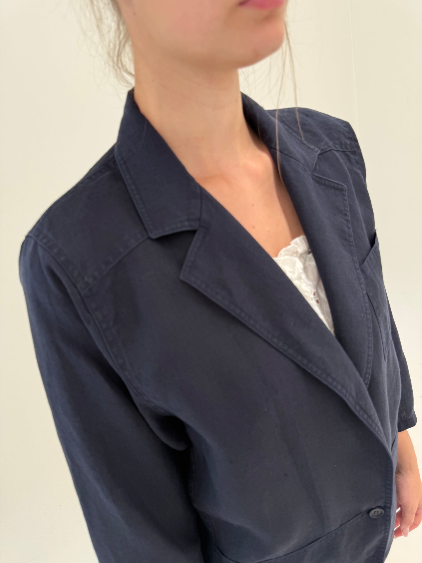 Sacou petite vintage Navy din in premium în croi lejer