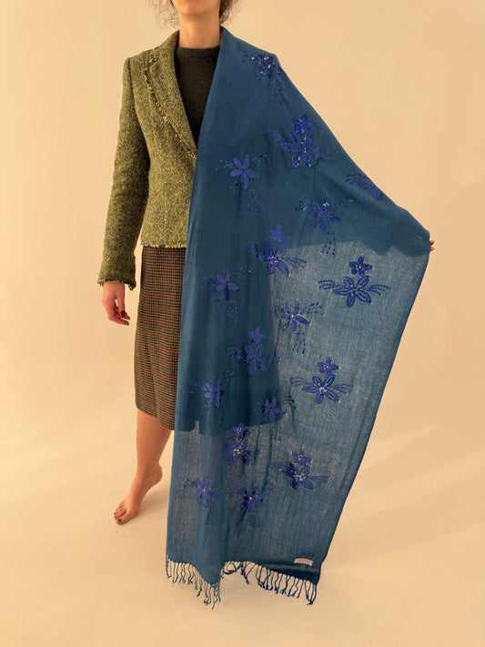 Shawl baby blue din cașmir și mătase naturala cu broderie superbă