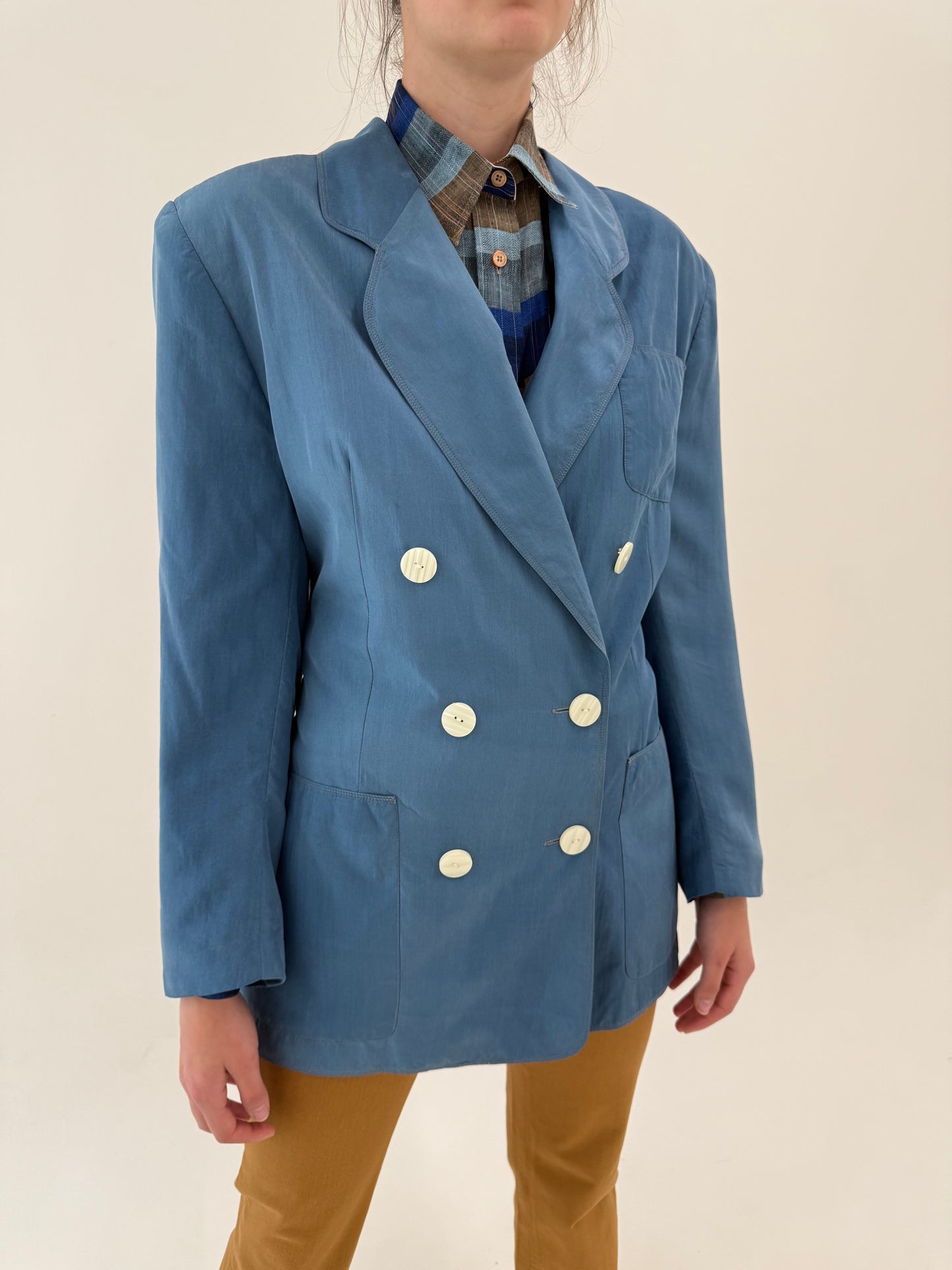 Sacou tall din mătase naturală jeans Blue cu închidere dublă