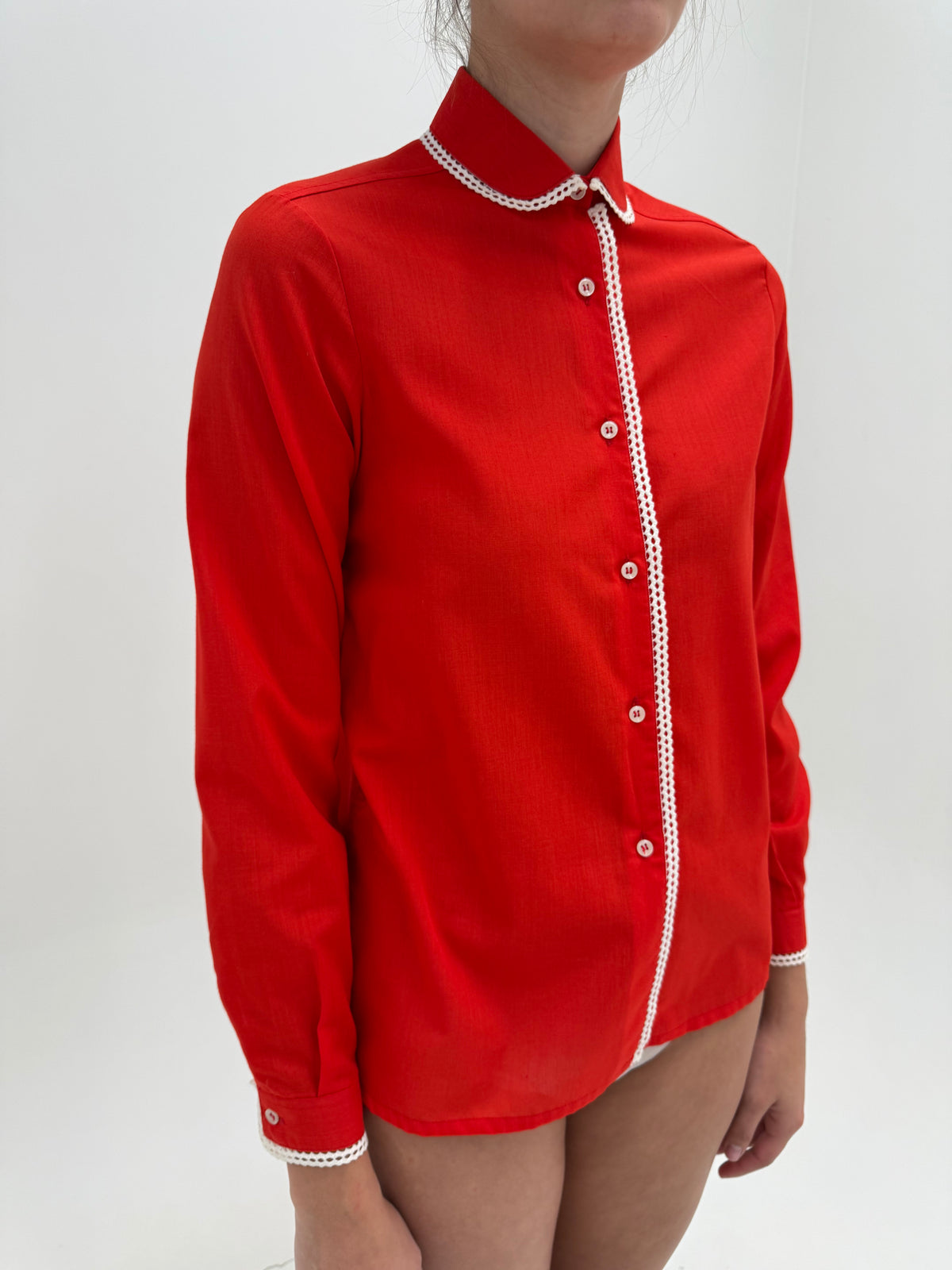 Cămașa vintage cherry red din bumvca premium cu paspoal și guler Peter Pan