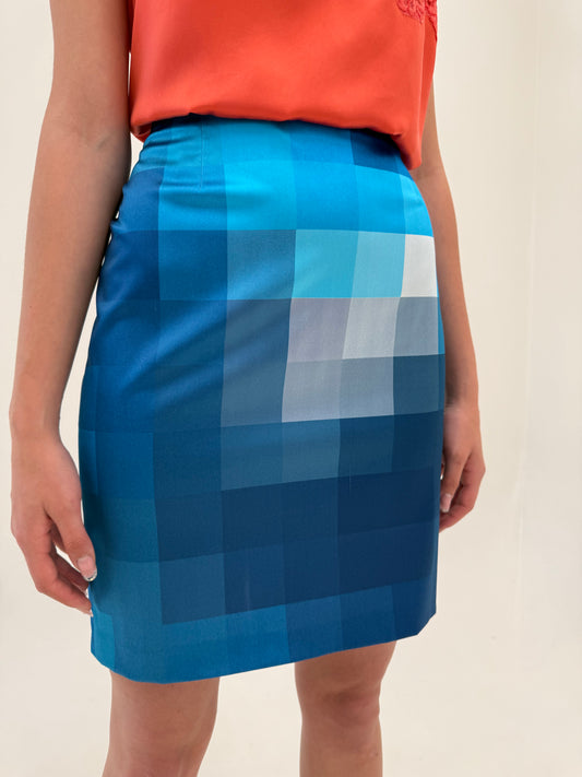 Fustă Moschino cu print geometric în nuanțe de albastru