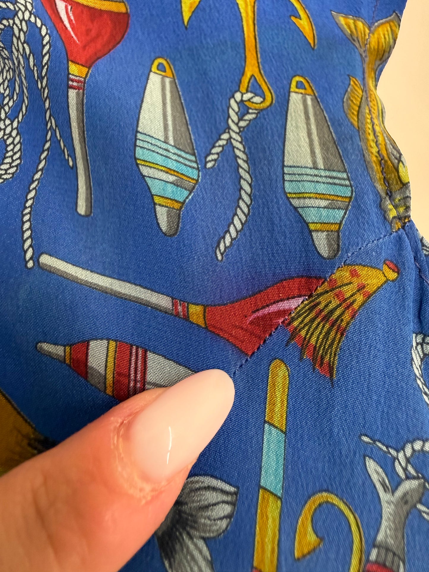 Rochie vintage albastru regal și print din mătase naturală cu mânecă ușor căzută