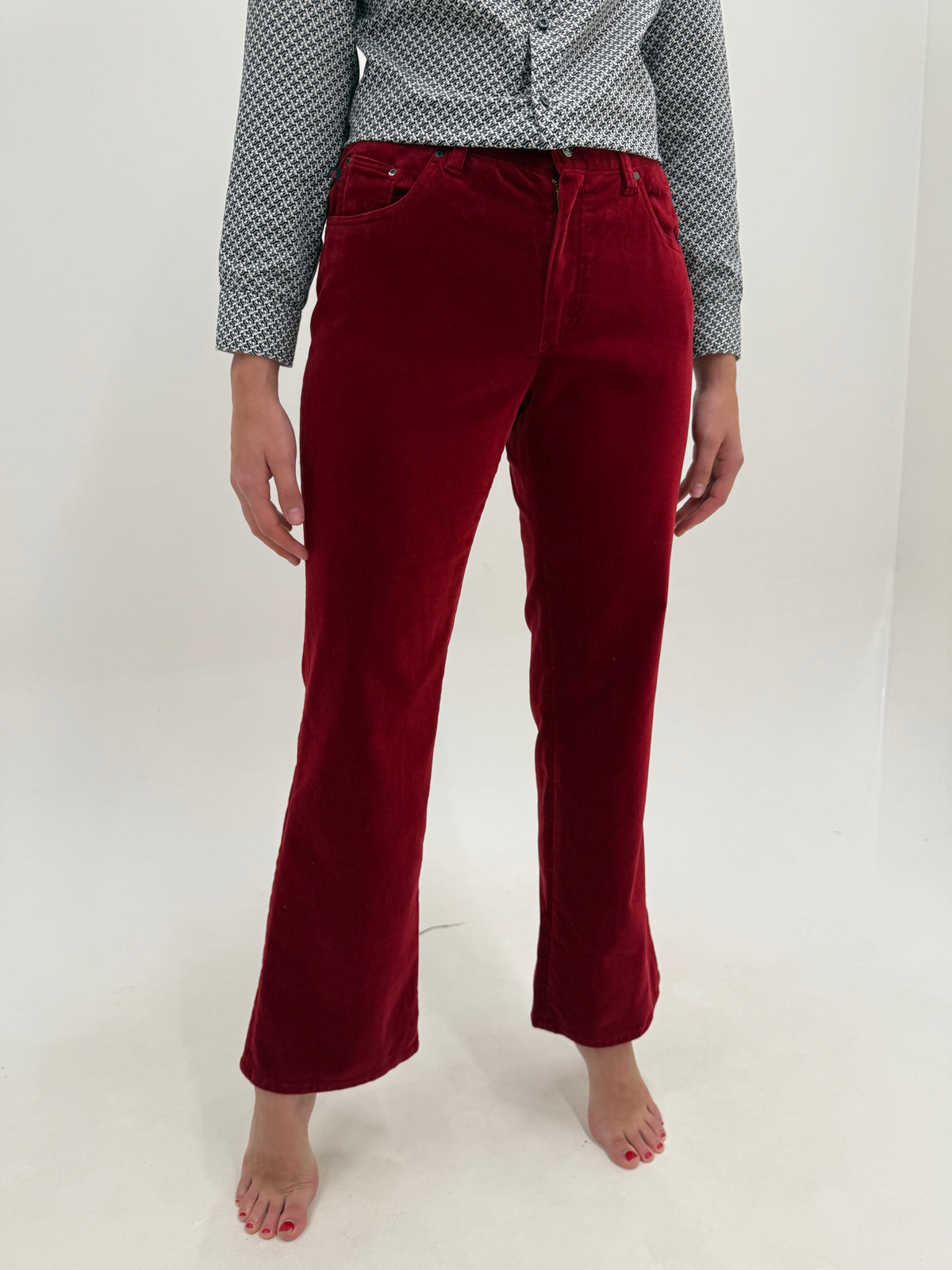 Pantaloni Ralph Lauren evazați cherry red din catifea ultra confort de bumbac și lycra