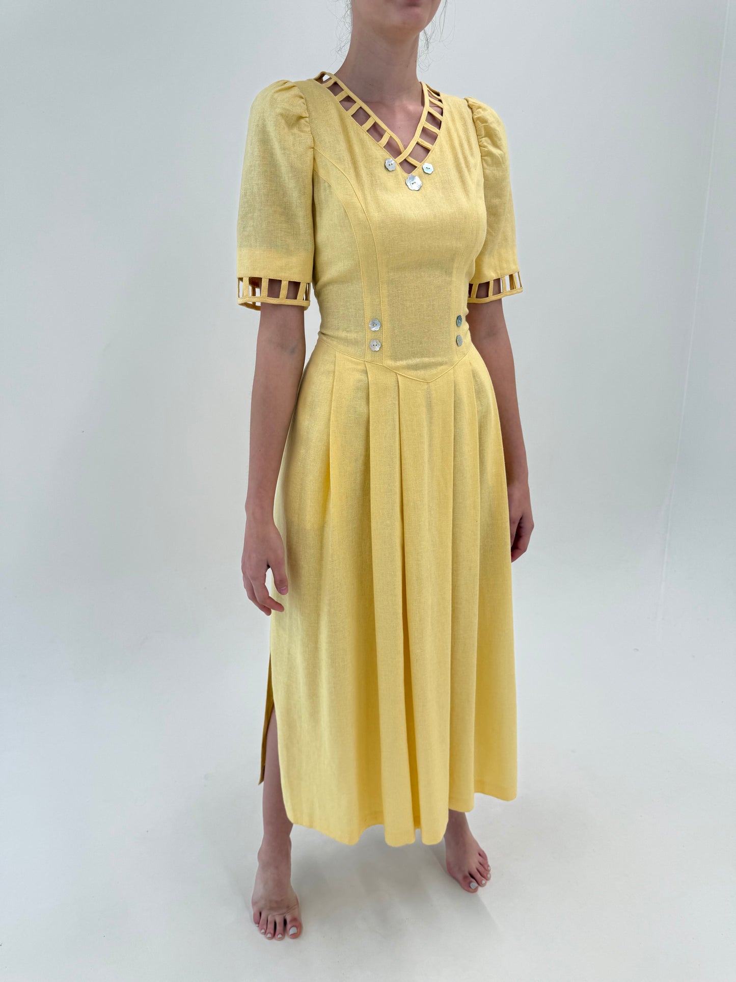 Rochie vintage maxi din pânză grea excepțională butter yellow cu corsaj
