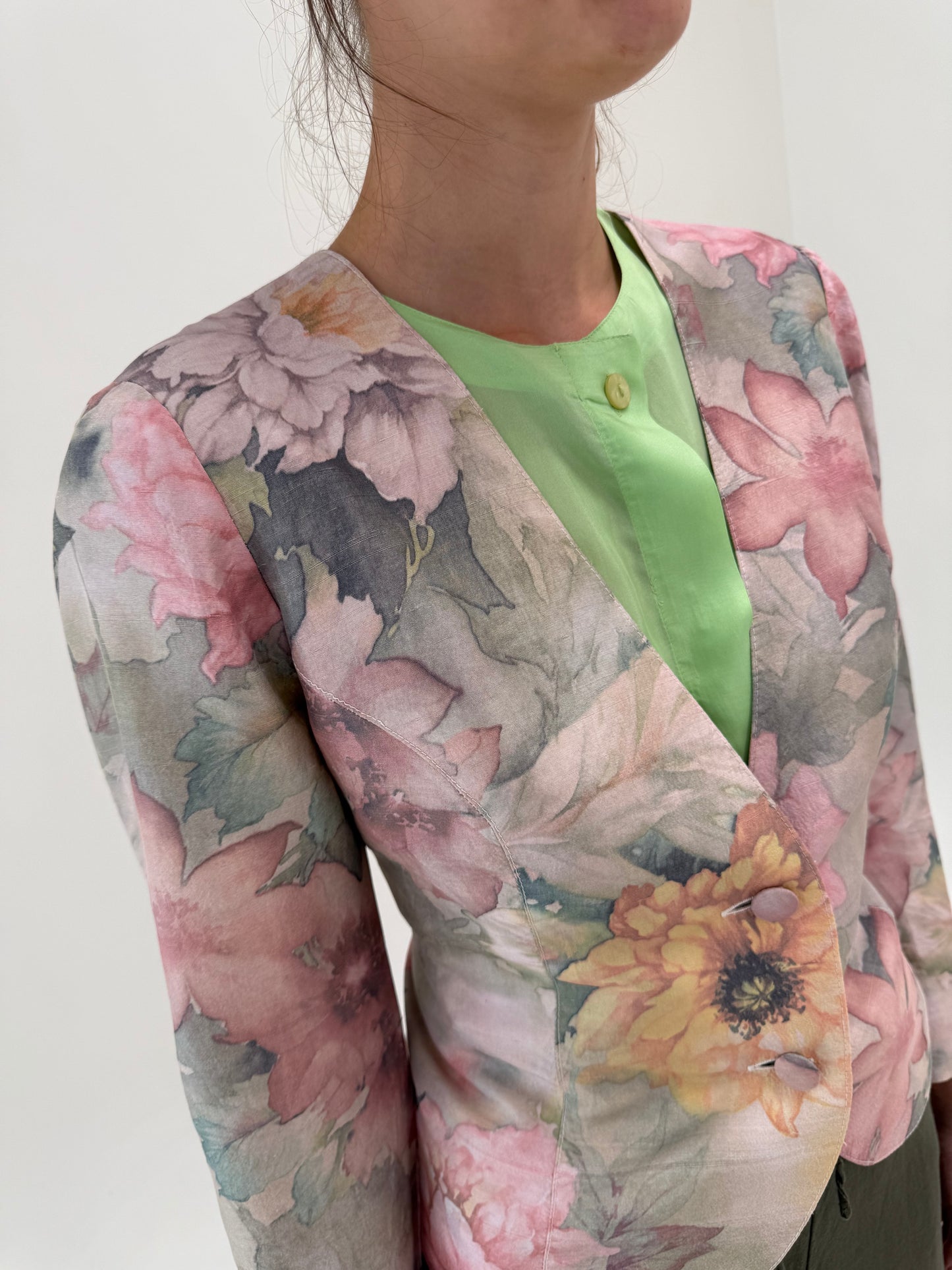 Sacou vintage din mătase naturală cu print floral superb în culori pudrate