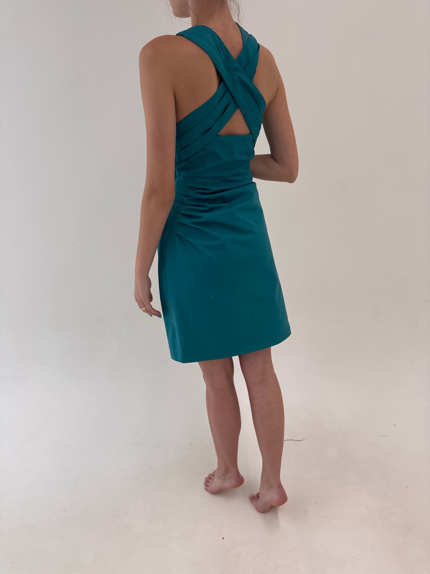 Rochie aqua green din faille de bumbac cu talie fronsata și corsaj