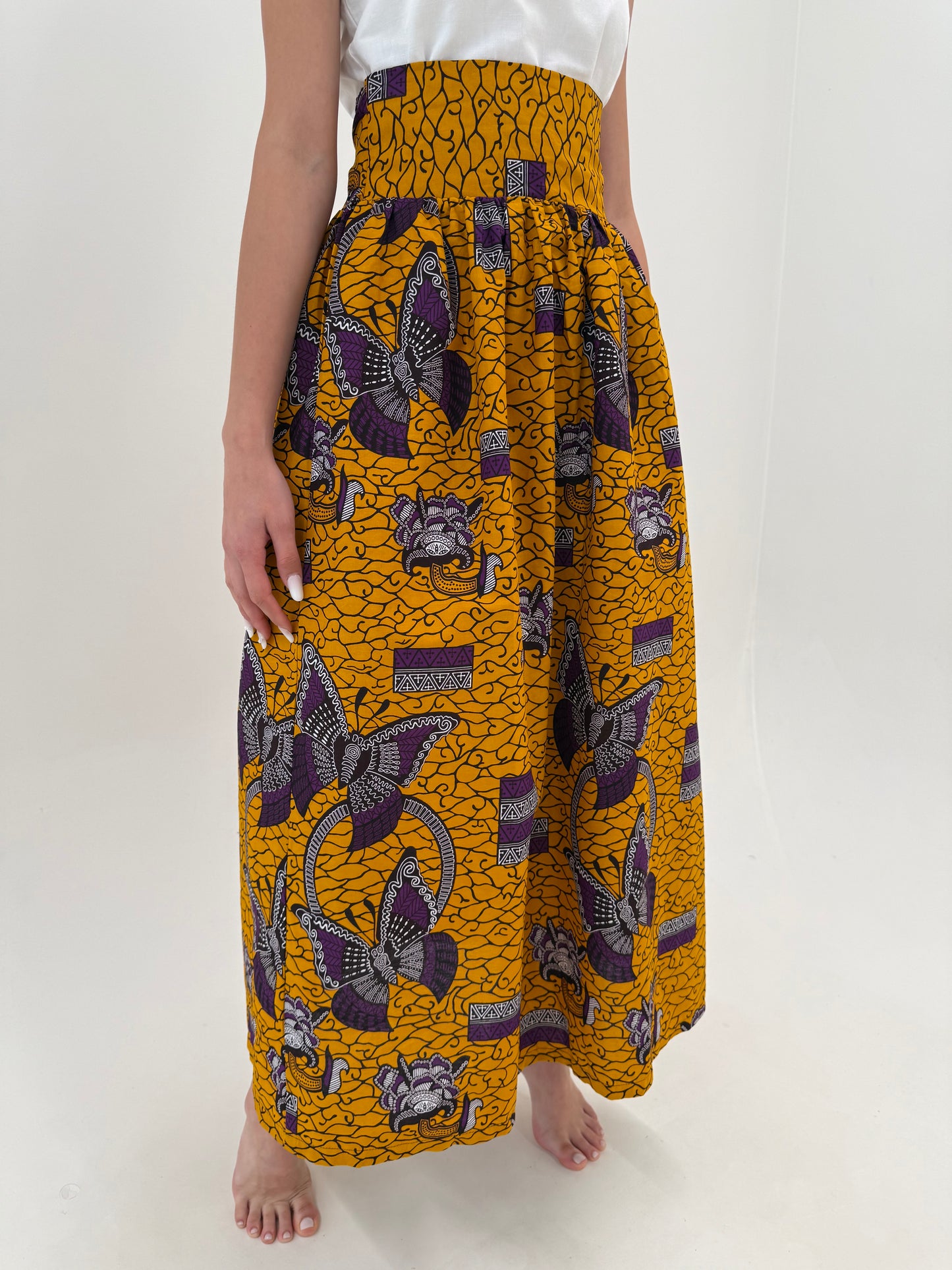Fuste maxi new old stock din canvas de bumbac cu print manual saffron yellow