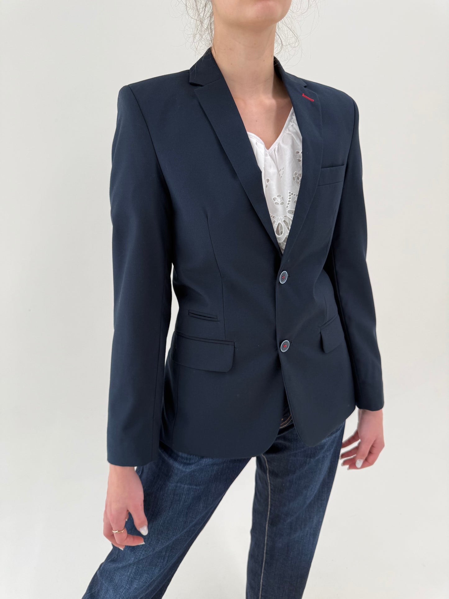 Sacou Navy tall in croi actual din stofita de sezon cald