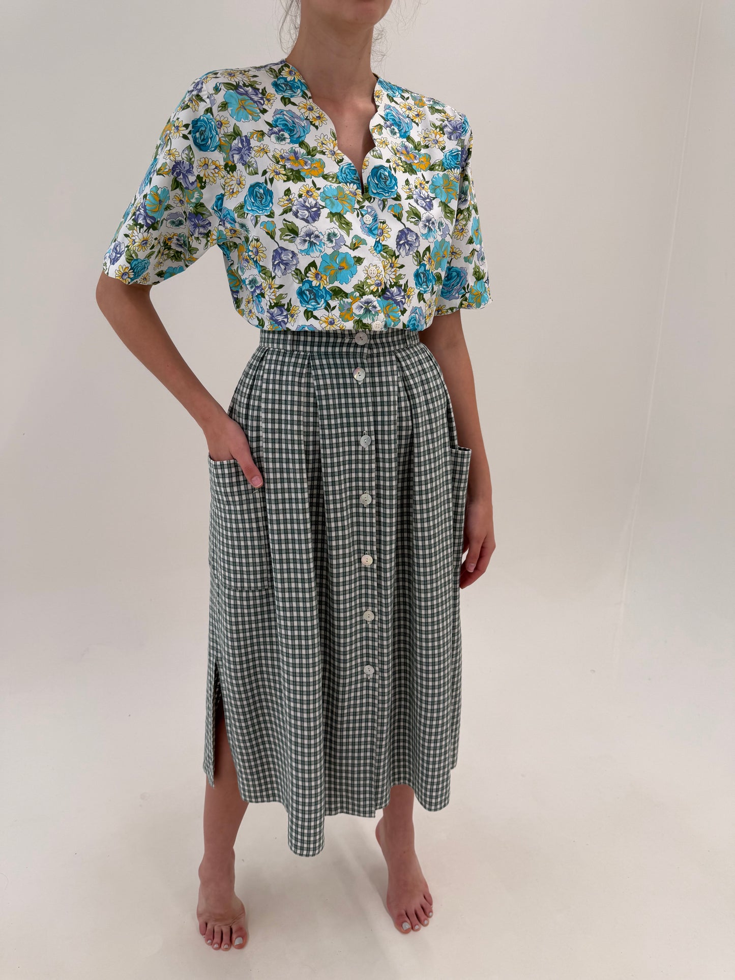 Fustă vintage gingham maxi din pânză de in și vascoza cu talie ultra înaltă