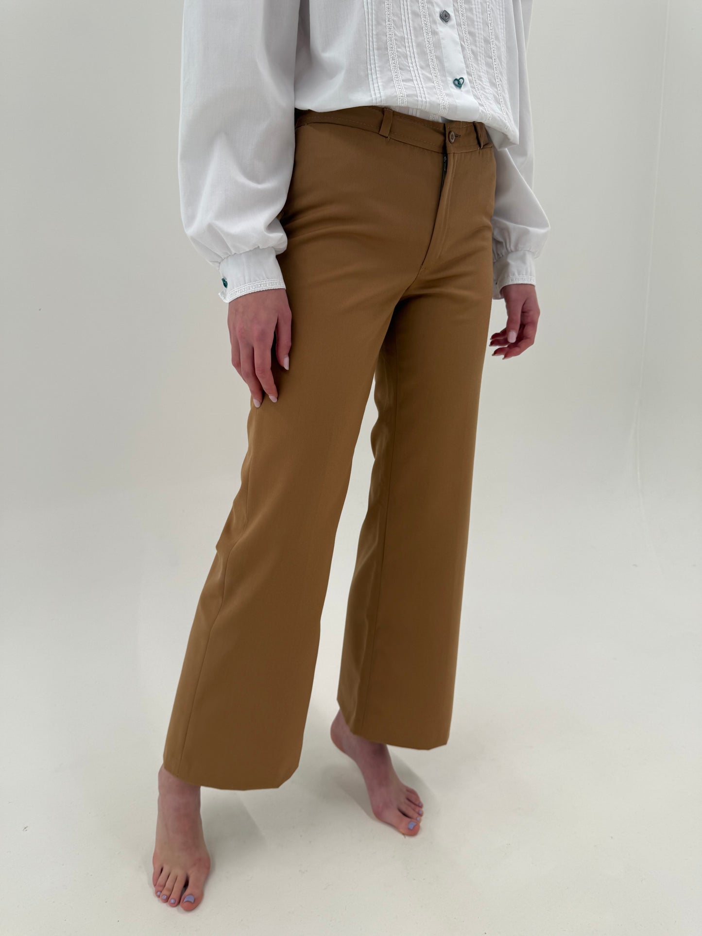 Pantaloni camel palazzo din worsted extrafine wool