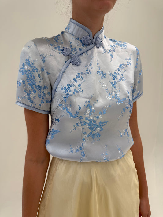 Top asiatic baby blue din jacquard de mătase naturală