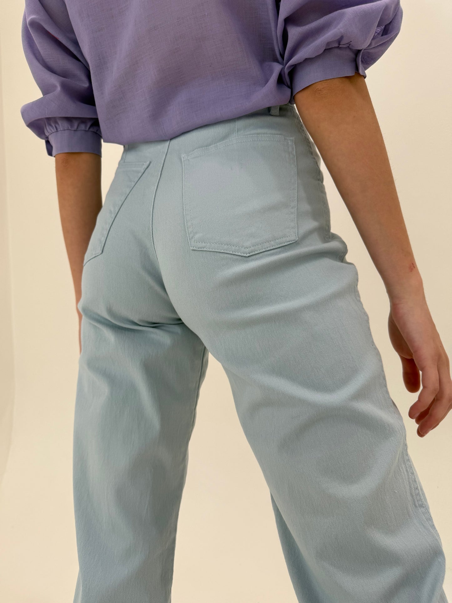 Pantaloni baby blue din bumbac ultra confort modelator cu talie ultra înaltă
