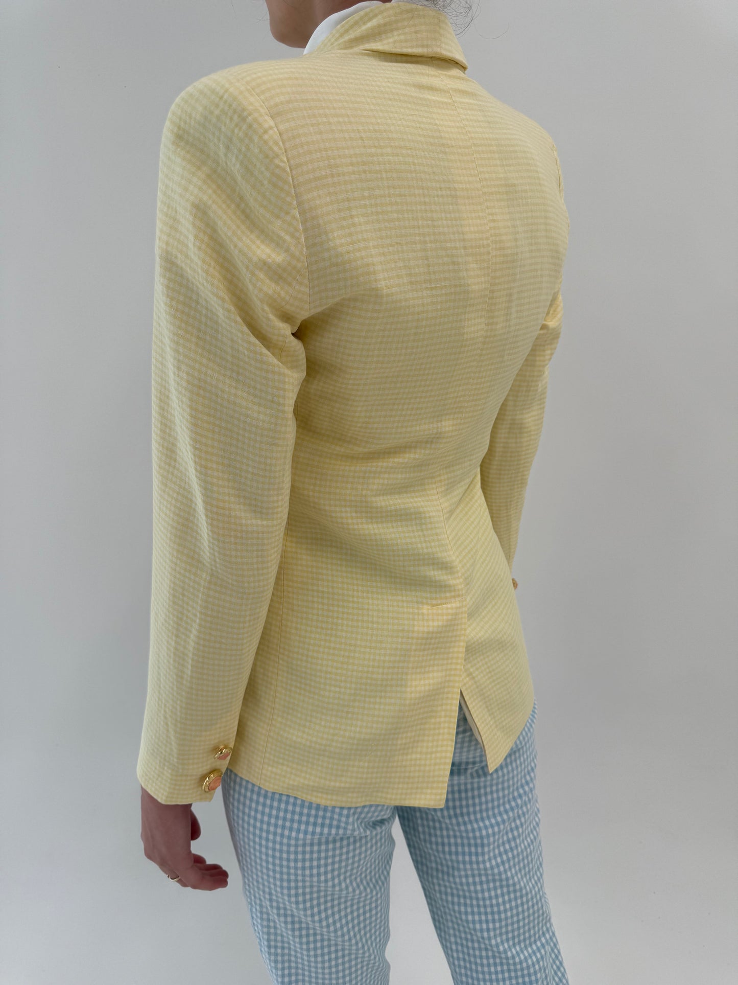 Sacou gingham butter yellow cu nasturi aurii din pânza moale de in și vascoza