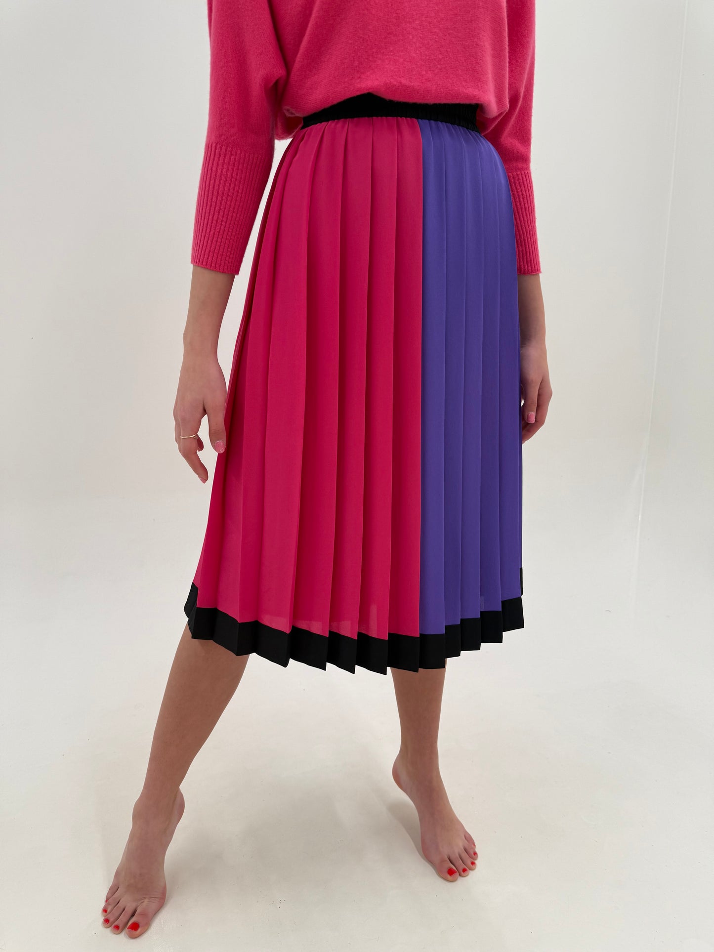 Fustă vintage plisată colorblock cu talie ultra înaltă elastică