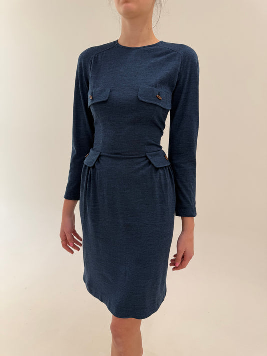 Rochie luxury Alberta Feretti business cu talie ultra marcată și pense jeans blue