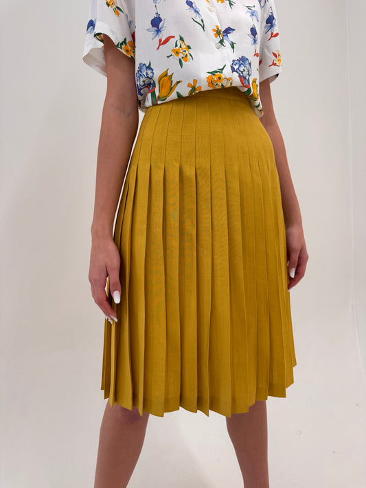 Fustă vintage plisată mustard yellow din pânză premium de in