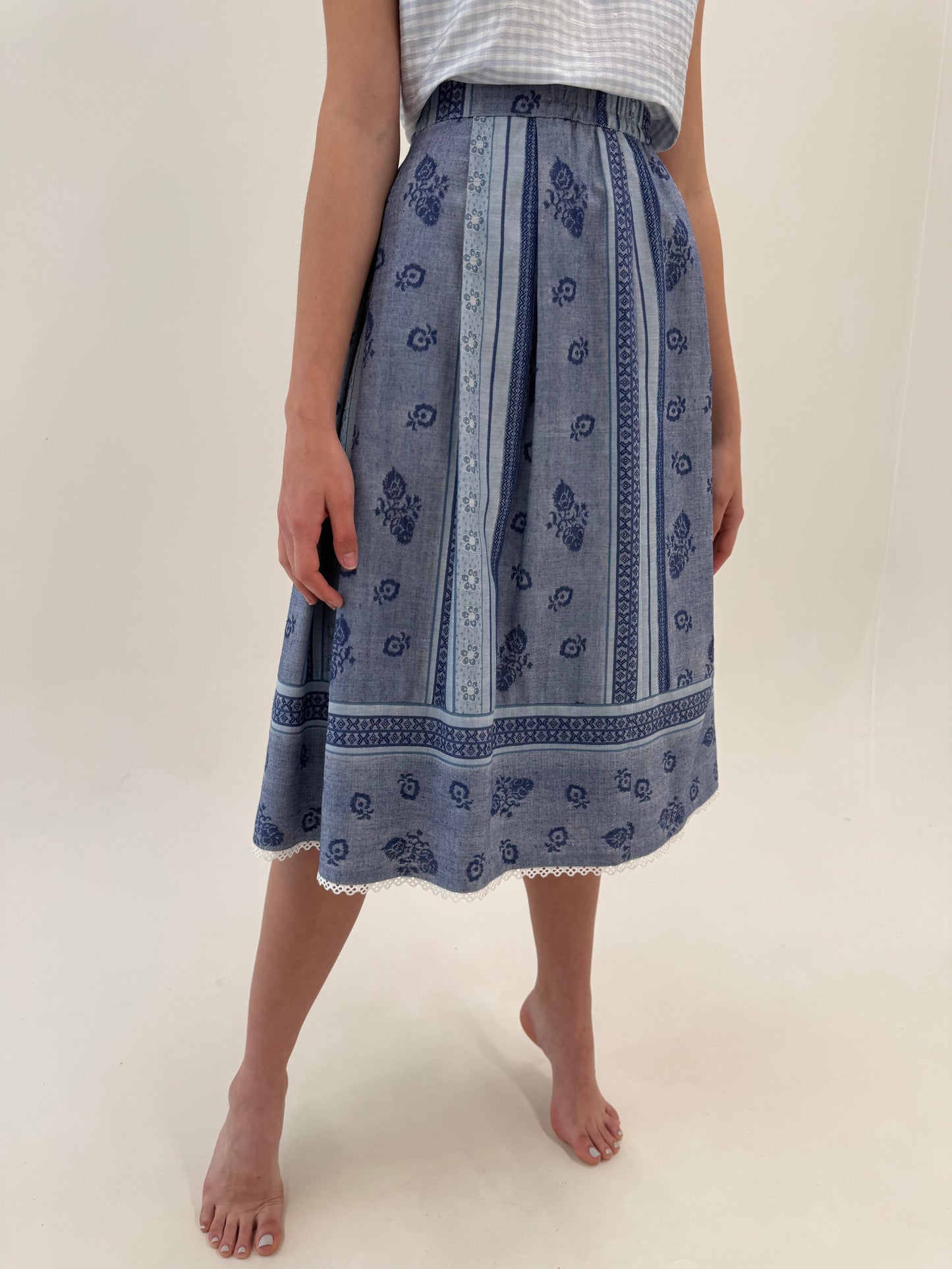 Fustă vintage din pânză excepțională jeans blue midi cu talie ultra înaltă