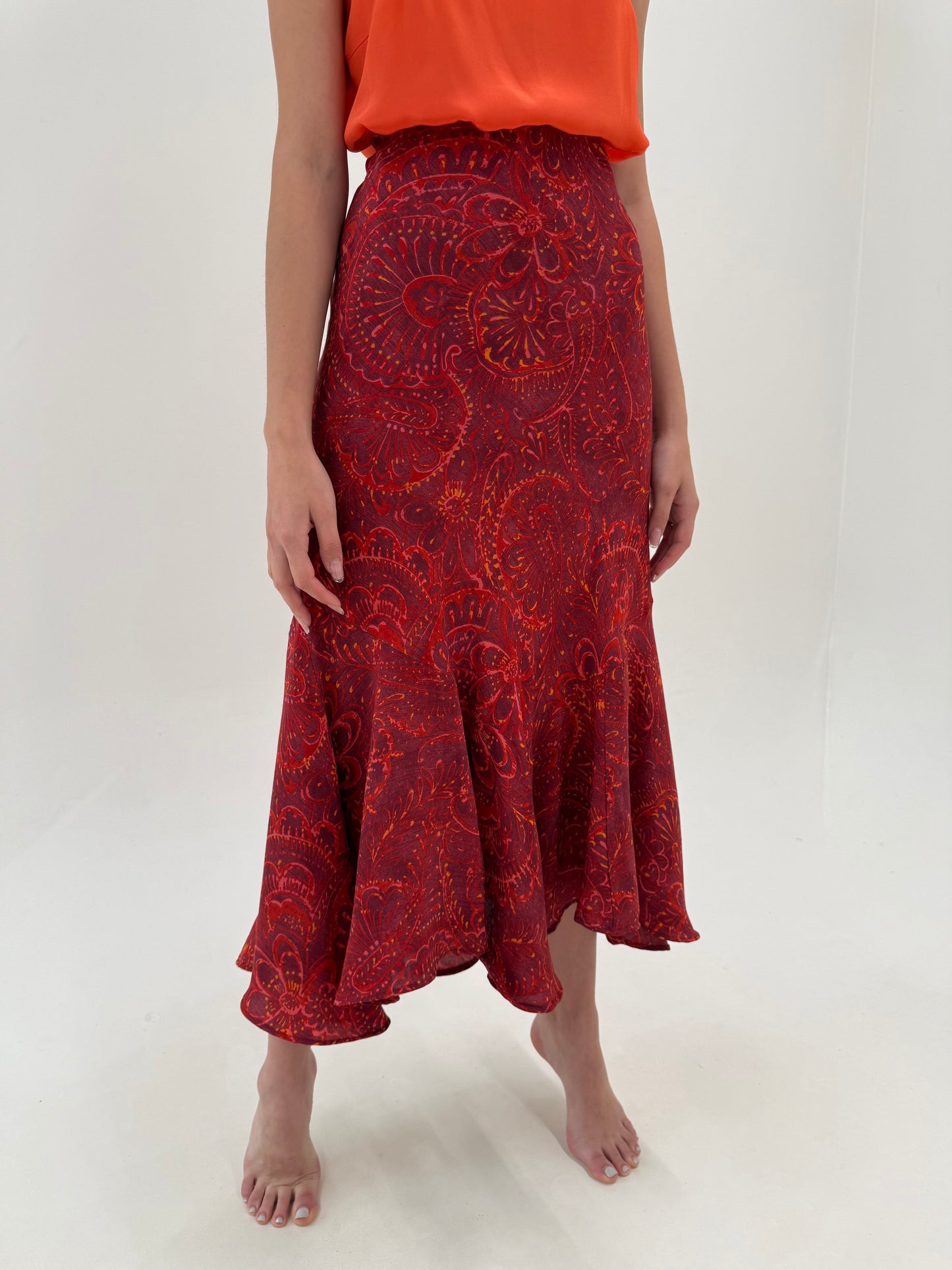 Fustă maxi în bie cu print paisley și jumate superbe mermaid vaporoasă