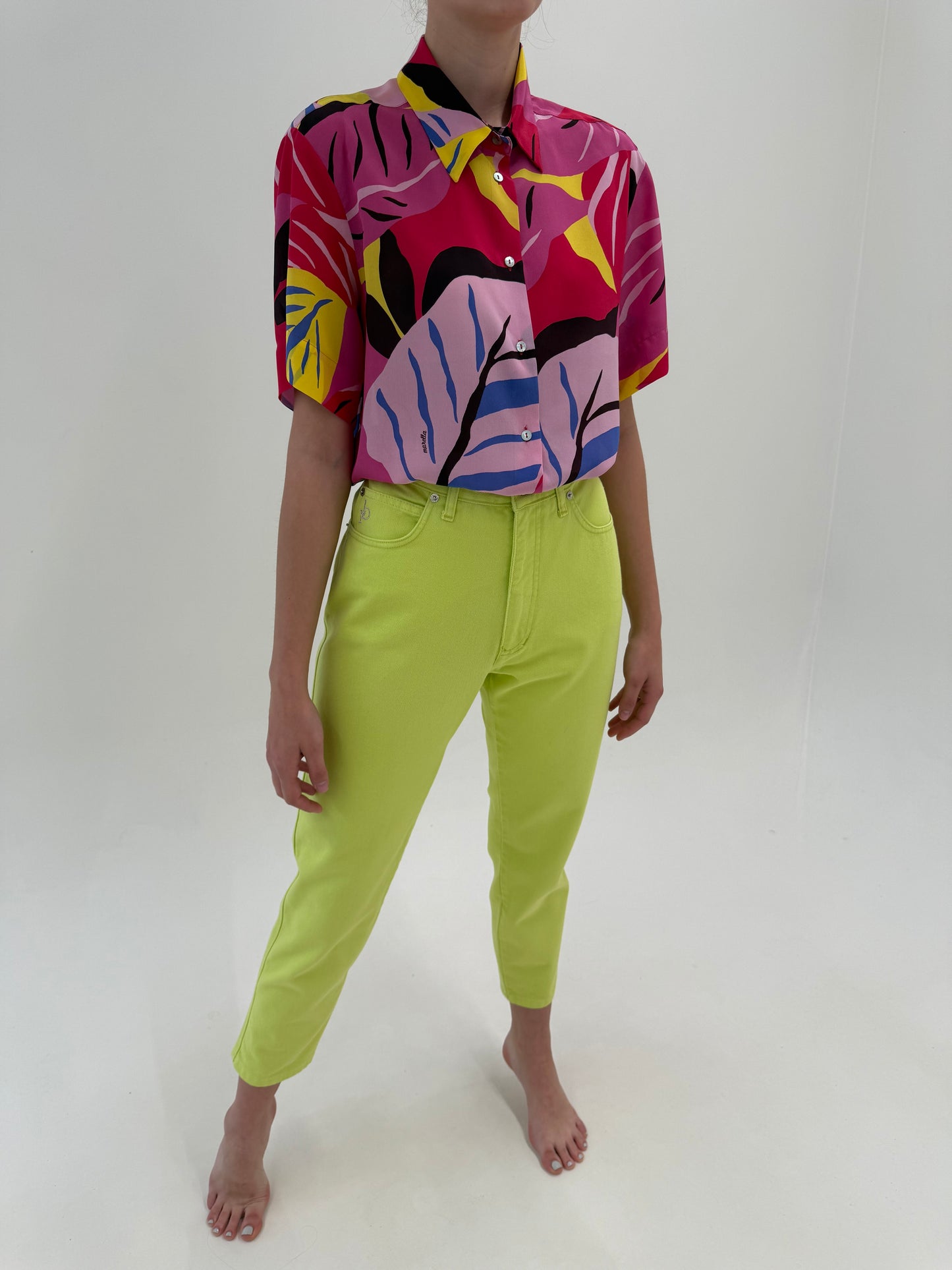 Jeans luxury vintage Rocco Barocco de vară neon green cu talie ultra înaltă