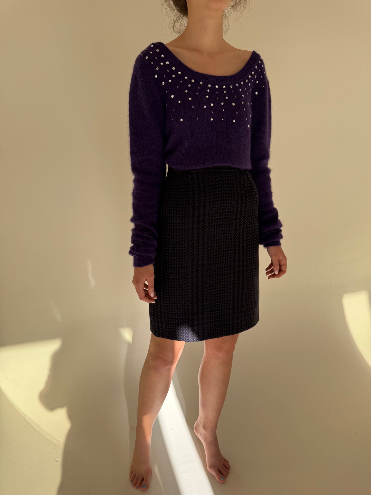 Set vintage din Tartan de lana pied du coq aubergine cu sacou cambrat