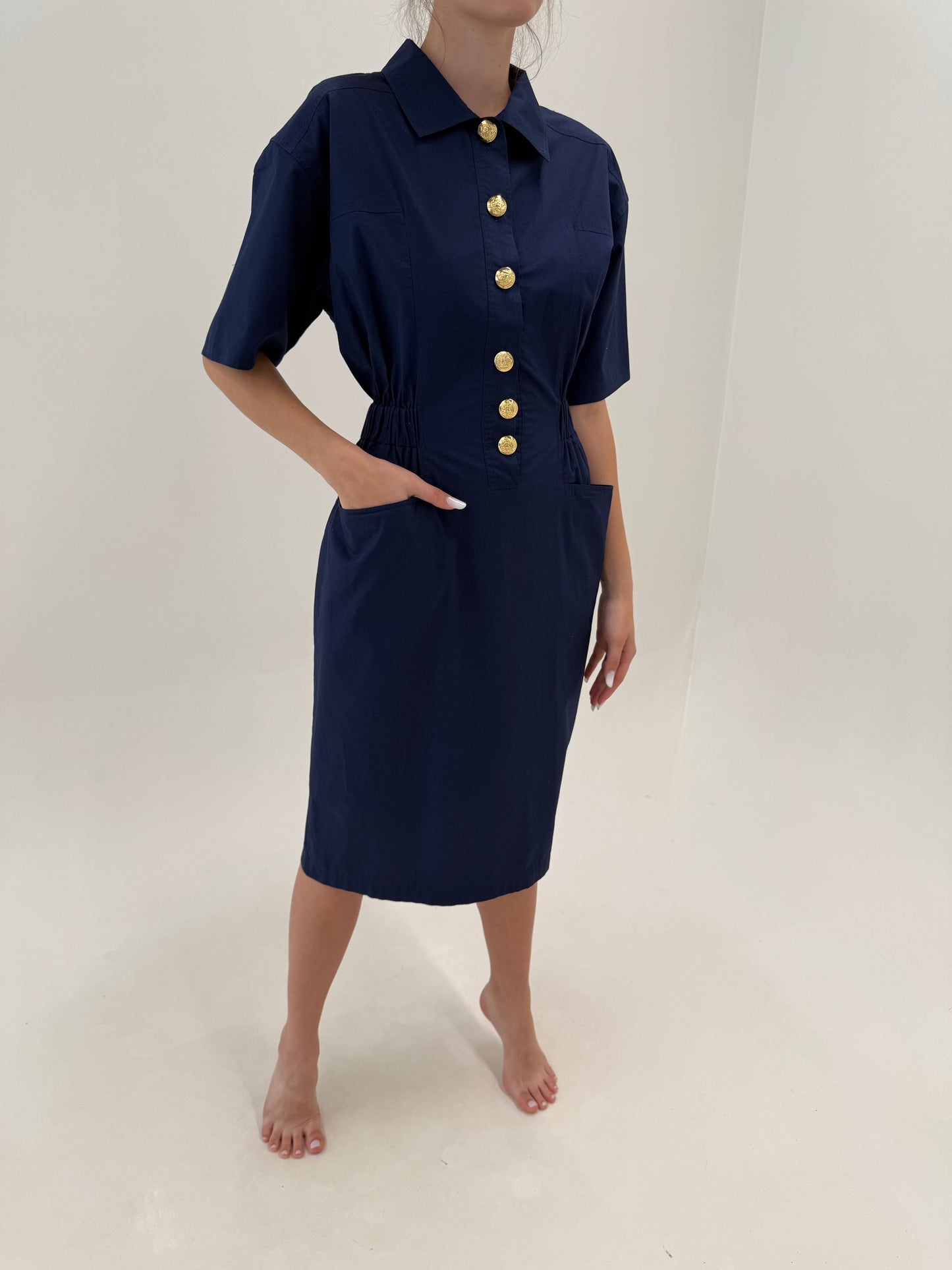 Rochie vintage excepțională italiană din canvas de bumbac cu nasturi aurii