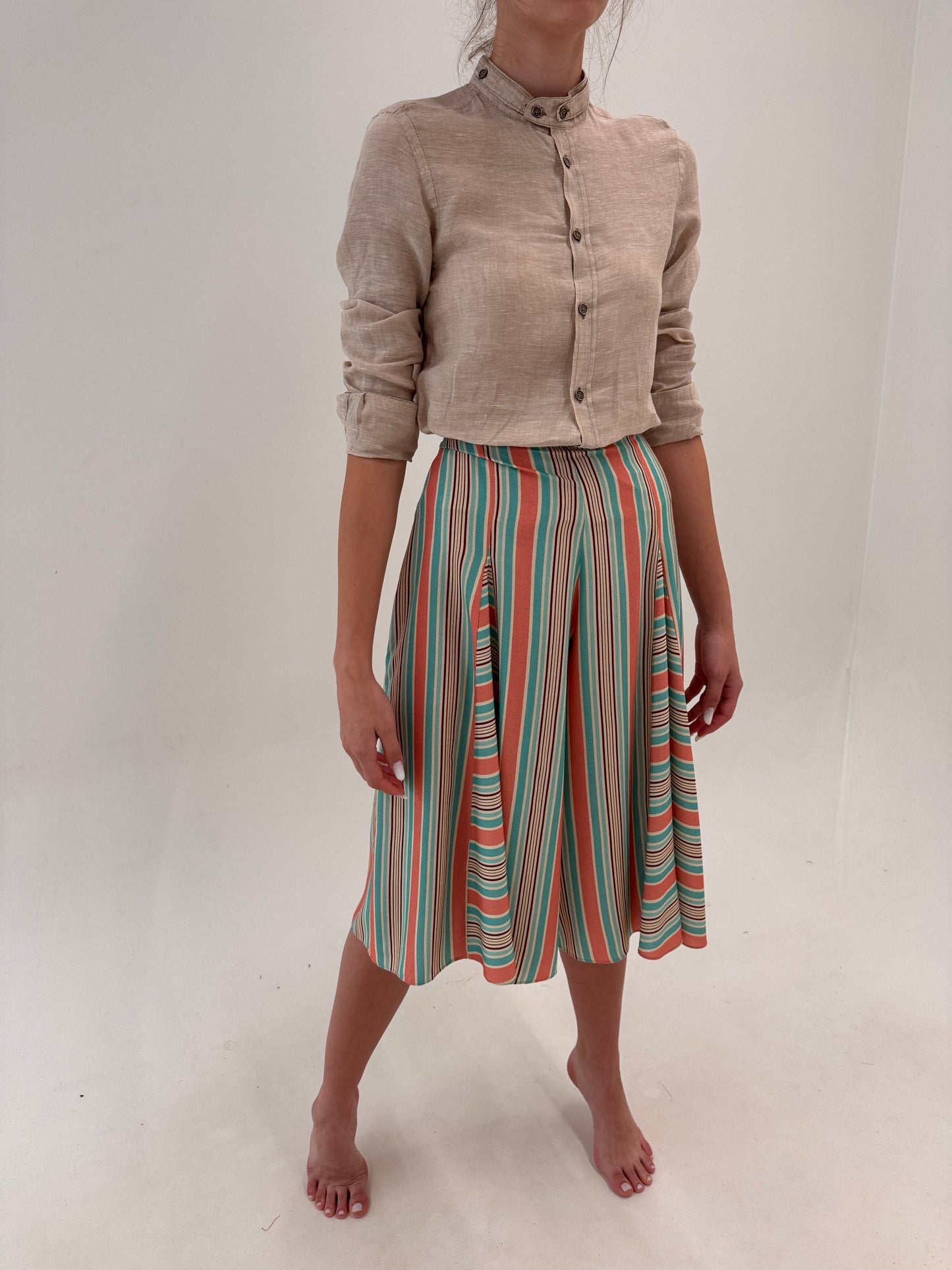 Culottes super vaporoși un dungi cu talie ultra înaltă coral red și mint green