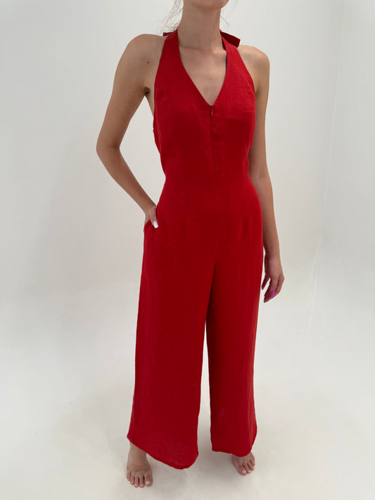 Salopetă tall excepțională din in roșu clasic cu decupaj la spate și pantaloni palazzo
