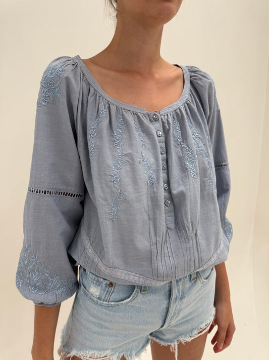 Tunica boho jeans blue din pânză de bumbac moale cu broderie