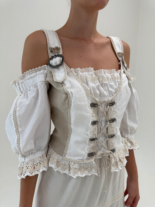 Corsaj vintage din pânză de in și macrame cu bretele late