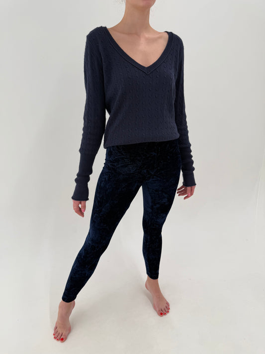 Pantaloni Prada albastru cerneală din catifea cu talie ultra înaltă