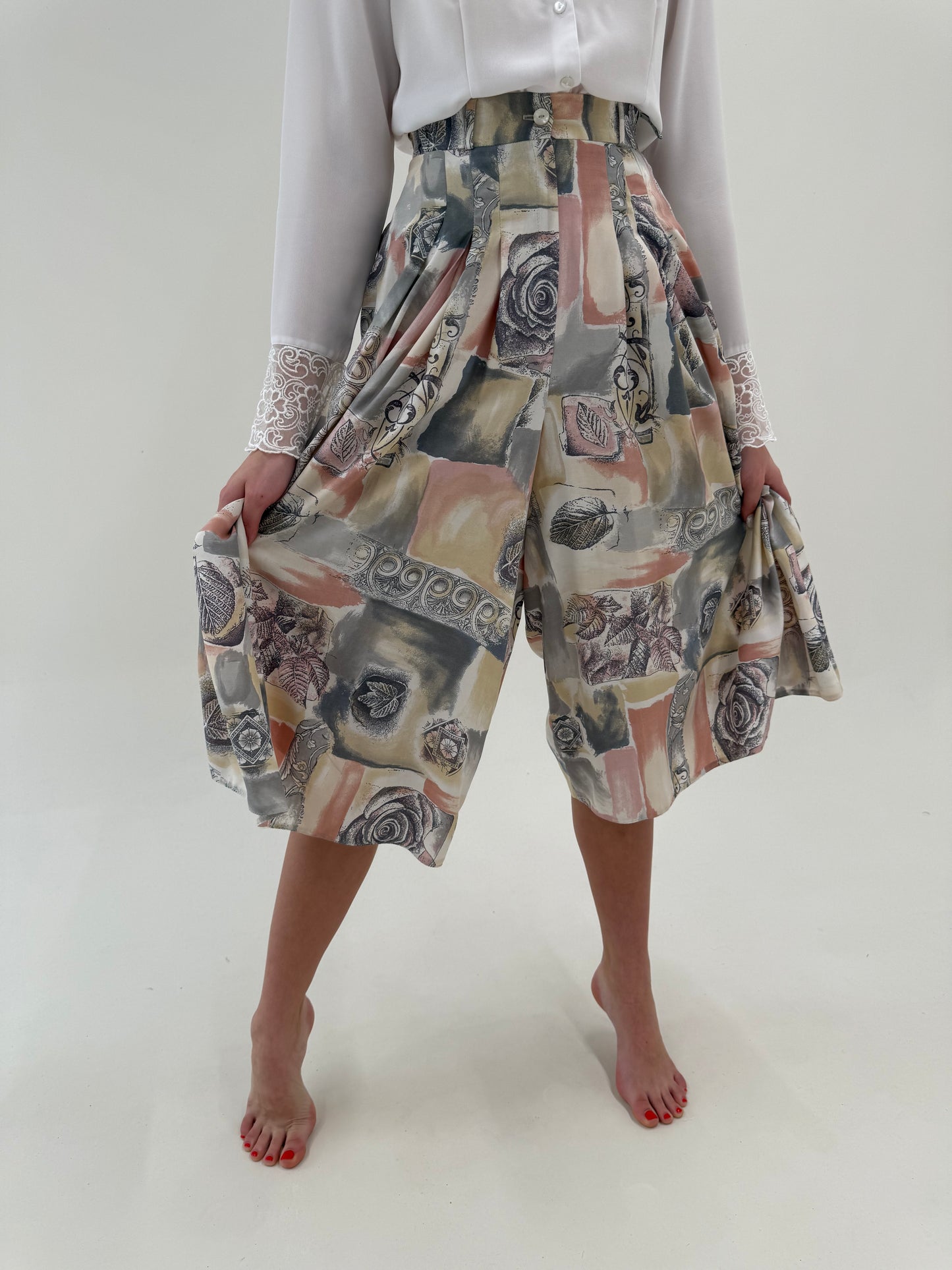 Fustă vintage pantaloni în culori pudrate cu talie ultra înaltă marcată elastică