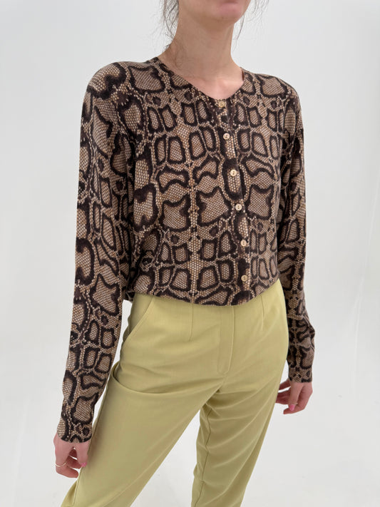 Cardigan camel din cașmir subțire animal print stilizat