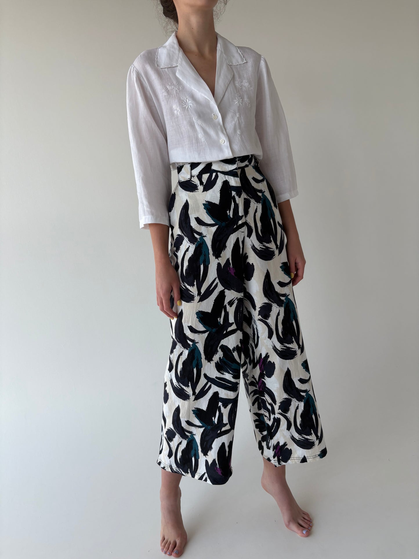Pantaloni palazzo din in premium cu talie ultra înaltă
