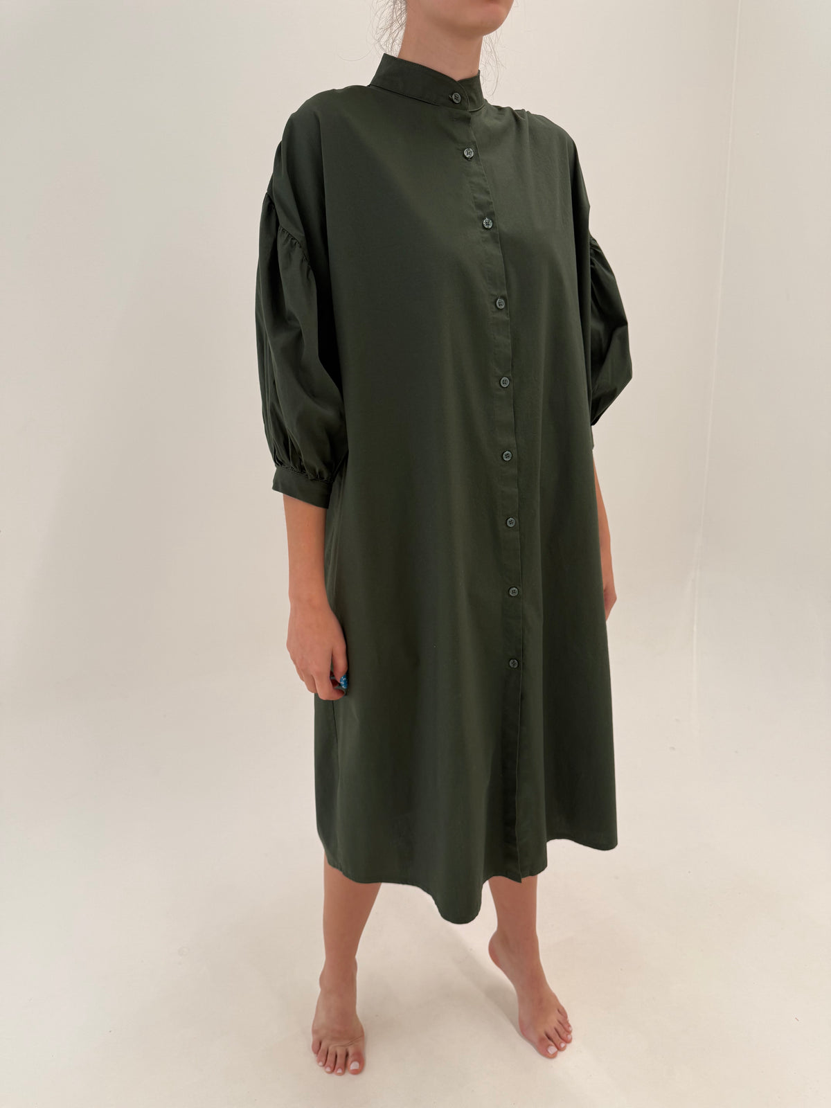 Rochie kaki italiana în croi oversized din poplin de bumbac cu buzunare