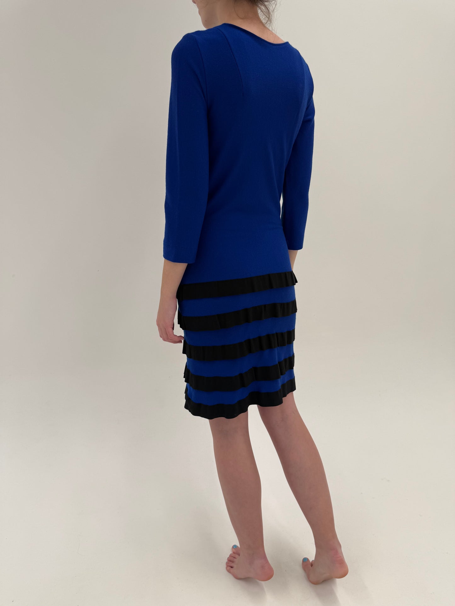 Rochie ‘tube dress’ old vintage anii 70 din jerse de lana extrafina albastru cerneală