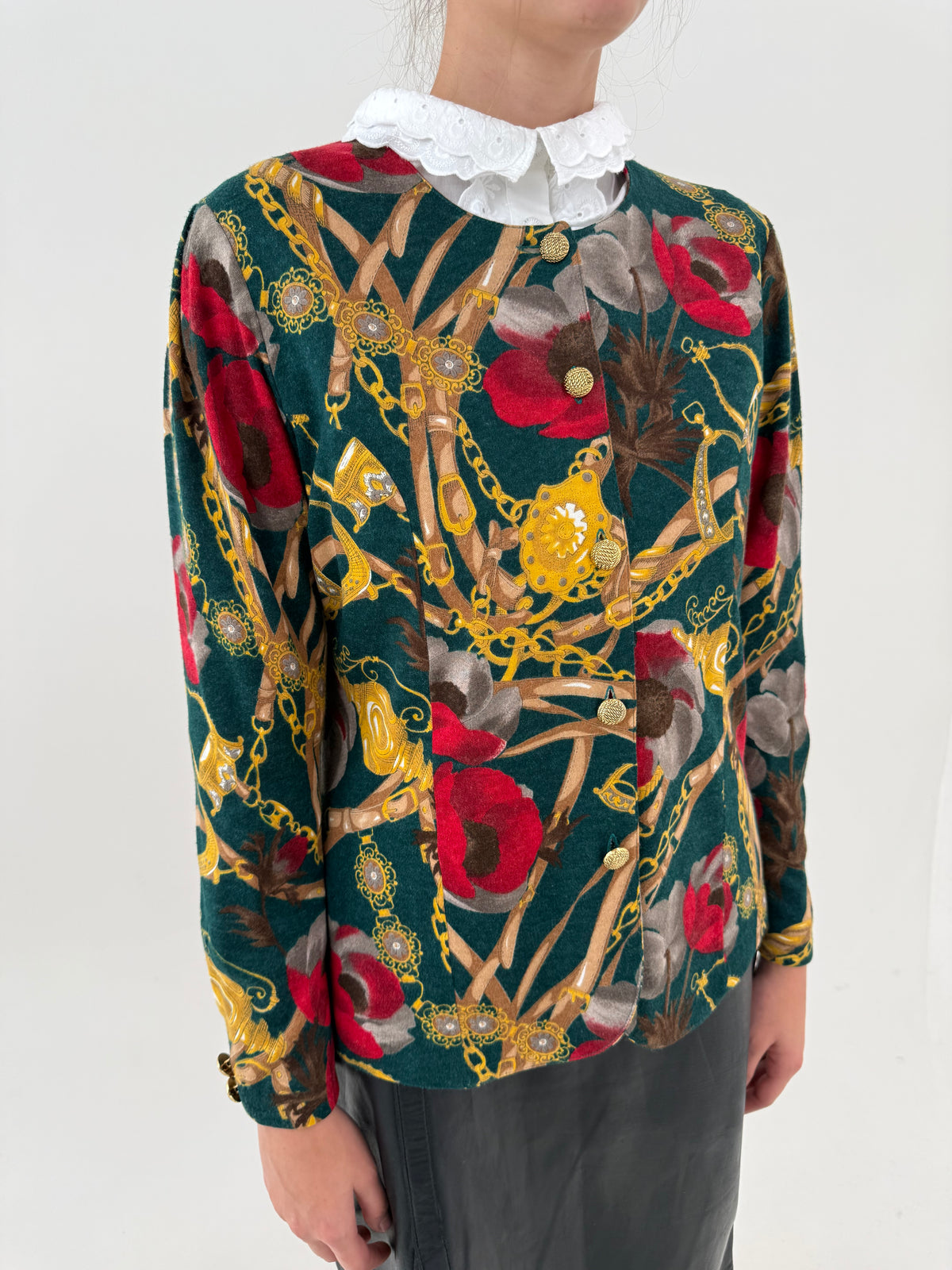 Cardigan vintage cu print baroc în culori superbe din lana extrafina