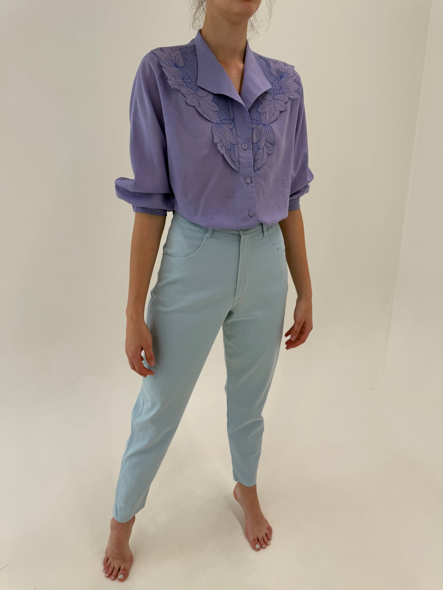 Pantaloni baby blue din bumbac ultra confort modelator cu talie ultra înaltă