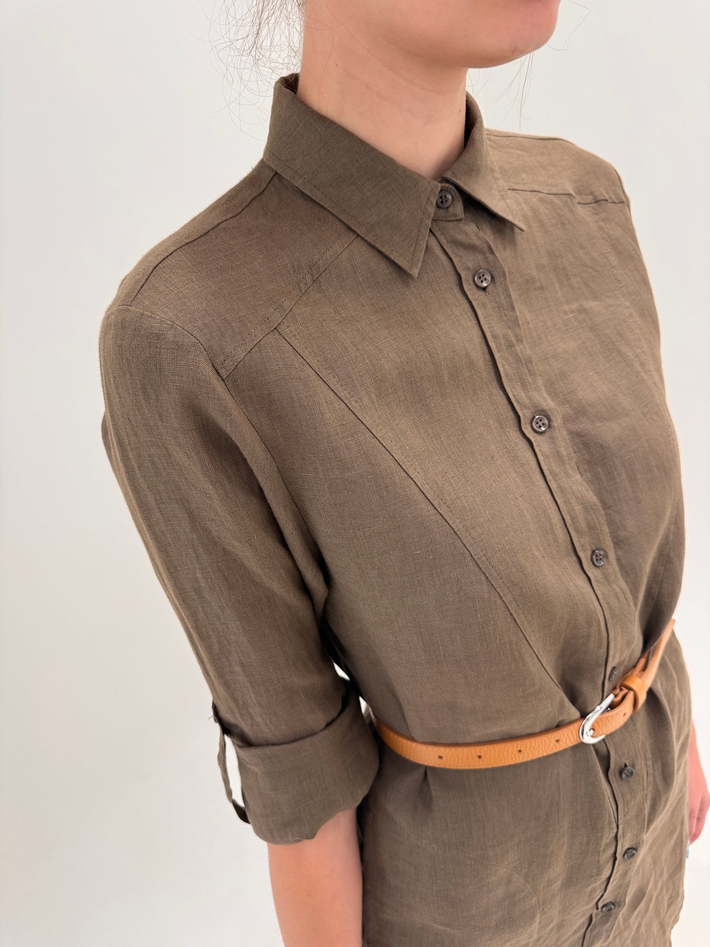 Rochie/ tunică Escada muted kaki din in premium cu mâneci reglabile