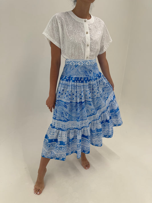 Fusta maxi din panzica fină de bumbac cu print paisley superb albastru regal