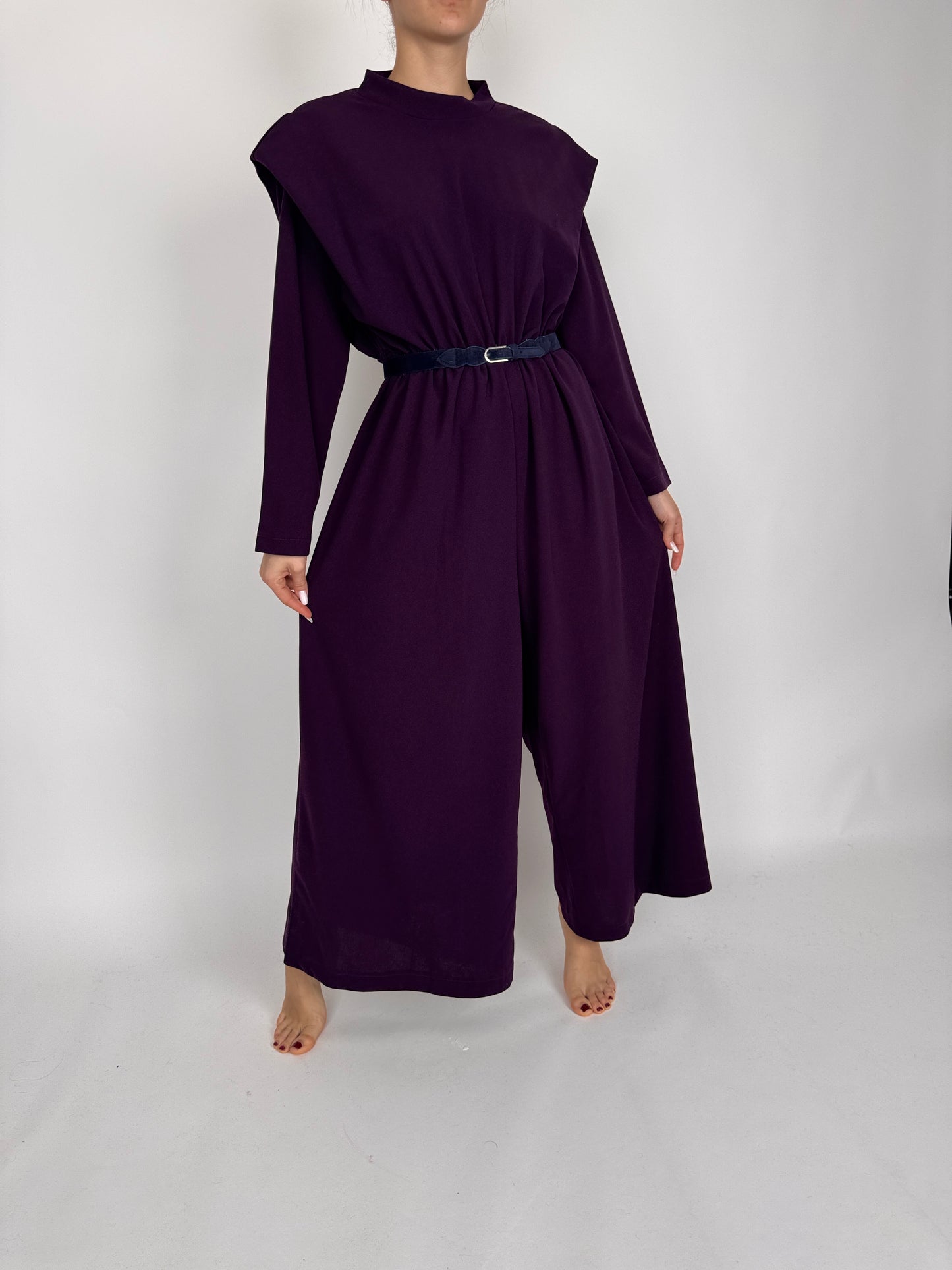 Salopetă tall deep purple cu talie ultra înaltă elastică și pantaloni palazzo