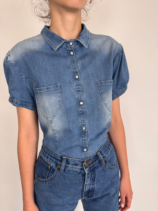 Cămașa premium cambrata din jeans moale de bumbac modelator